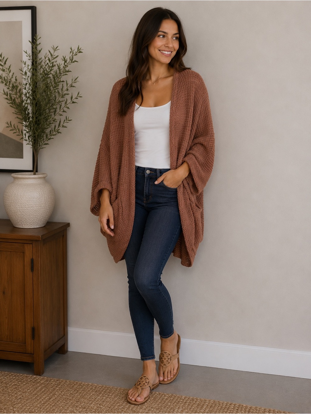 Cozy Open-Front Knit Cardigan - Rust